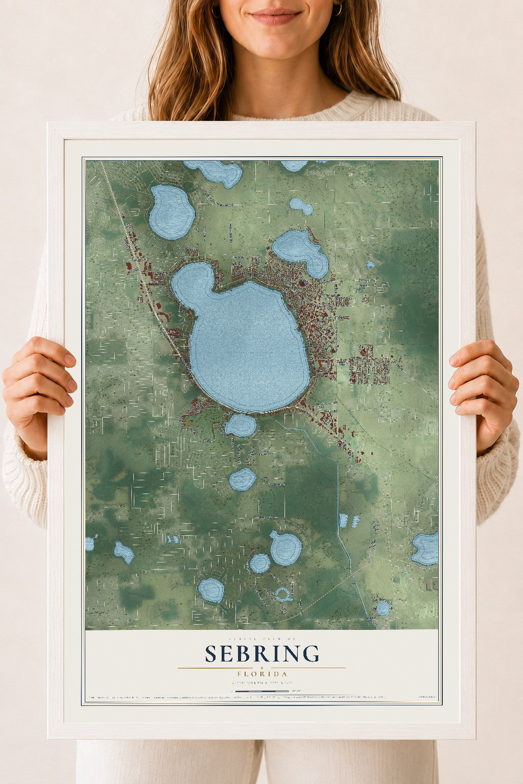 Sebring, Florida map print, 18" x 24" W/ White Ayous Wood Frame mockup