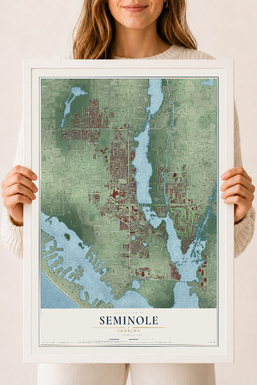 Seminole, Florida map print, 18" x 24" W/ White Ayous Wood Frame mockup
