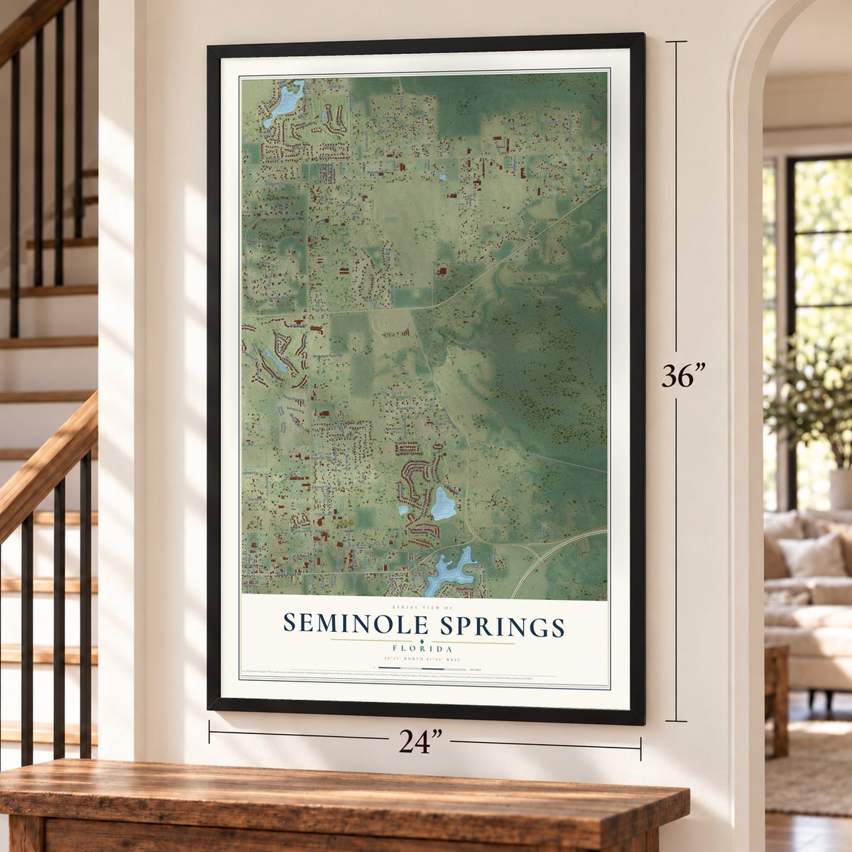 Seminole Springs, Florida map, 24 x 36 inch print in a black frame by a staircase