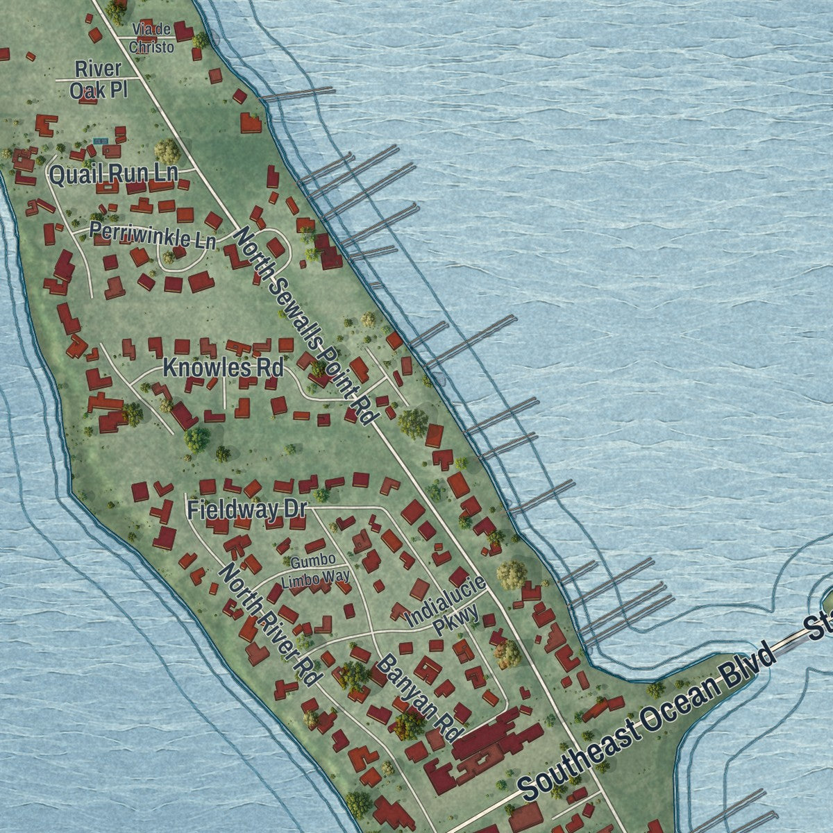 Close-up 2 of the Sewall's Point, Florida map artwork