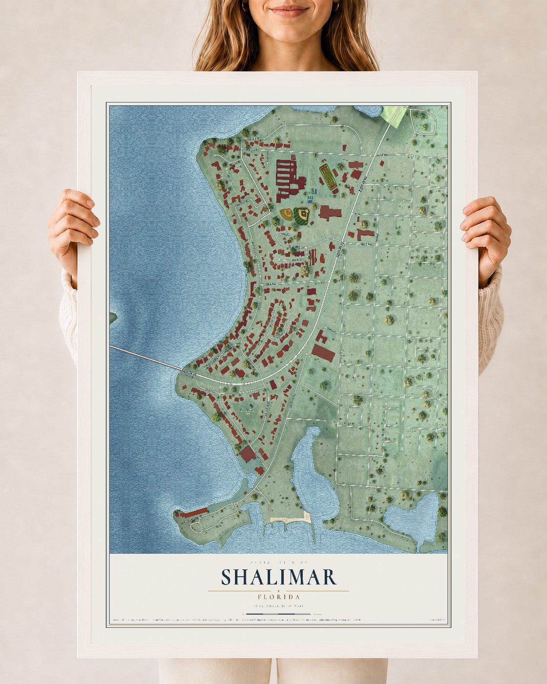 Shalimar, Florida map print, 24" x 36" W/ White Ayous Wood Frame mockup