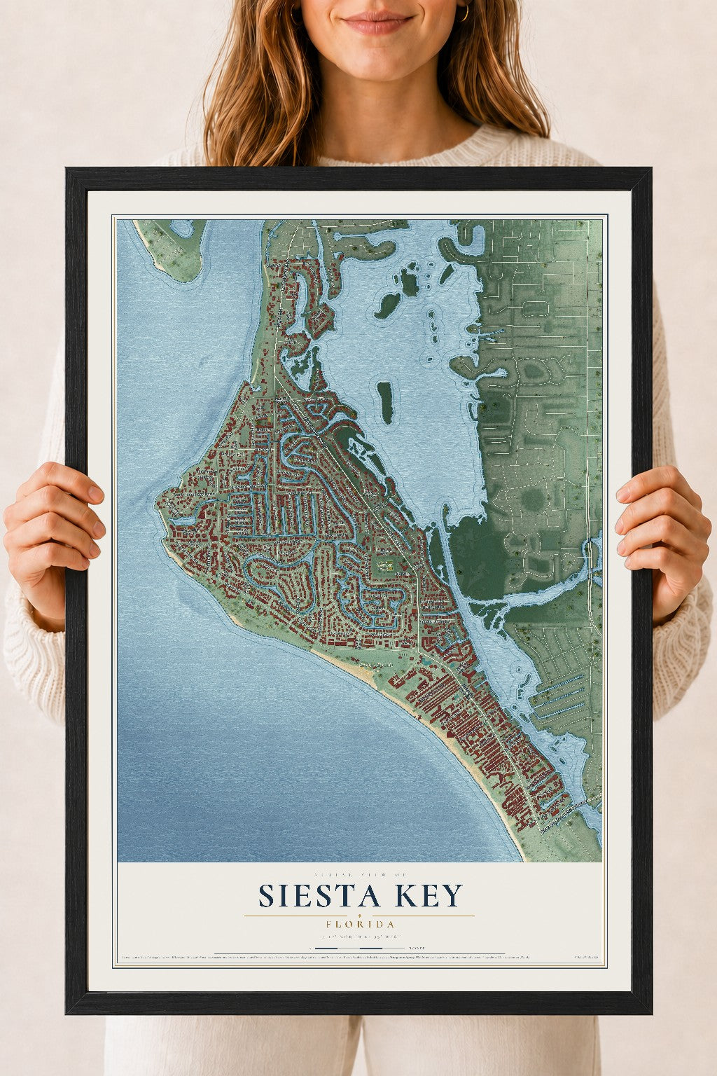 Siesta Key, Florida map print, 18" x 24" W/ Black Ayous Wood Frame mockup