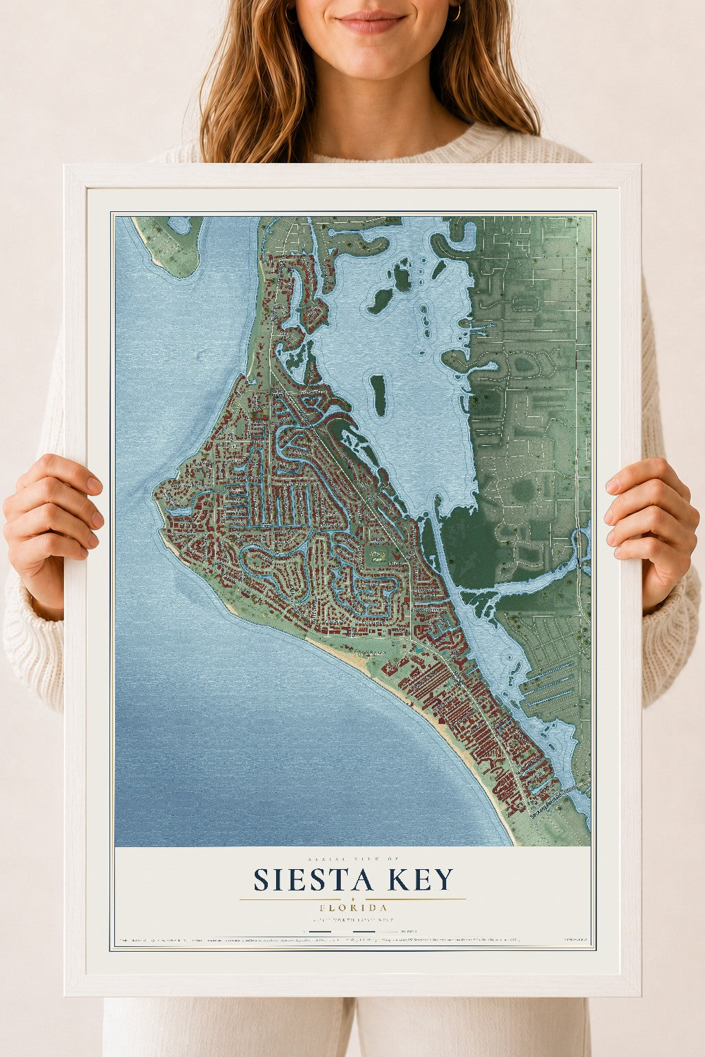 Siesta Key, Florida map print, 18" x 24" W/ White Ayous Wood Frame mockup
