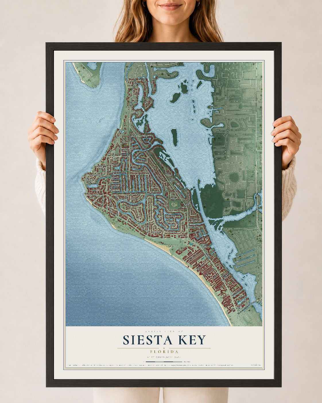 Siesta Key, Florida map print, 24" x 36" W/ Black Ayous Wood Frame mockup