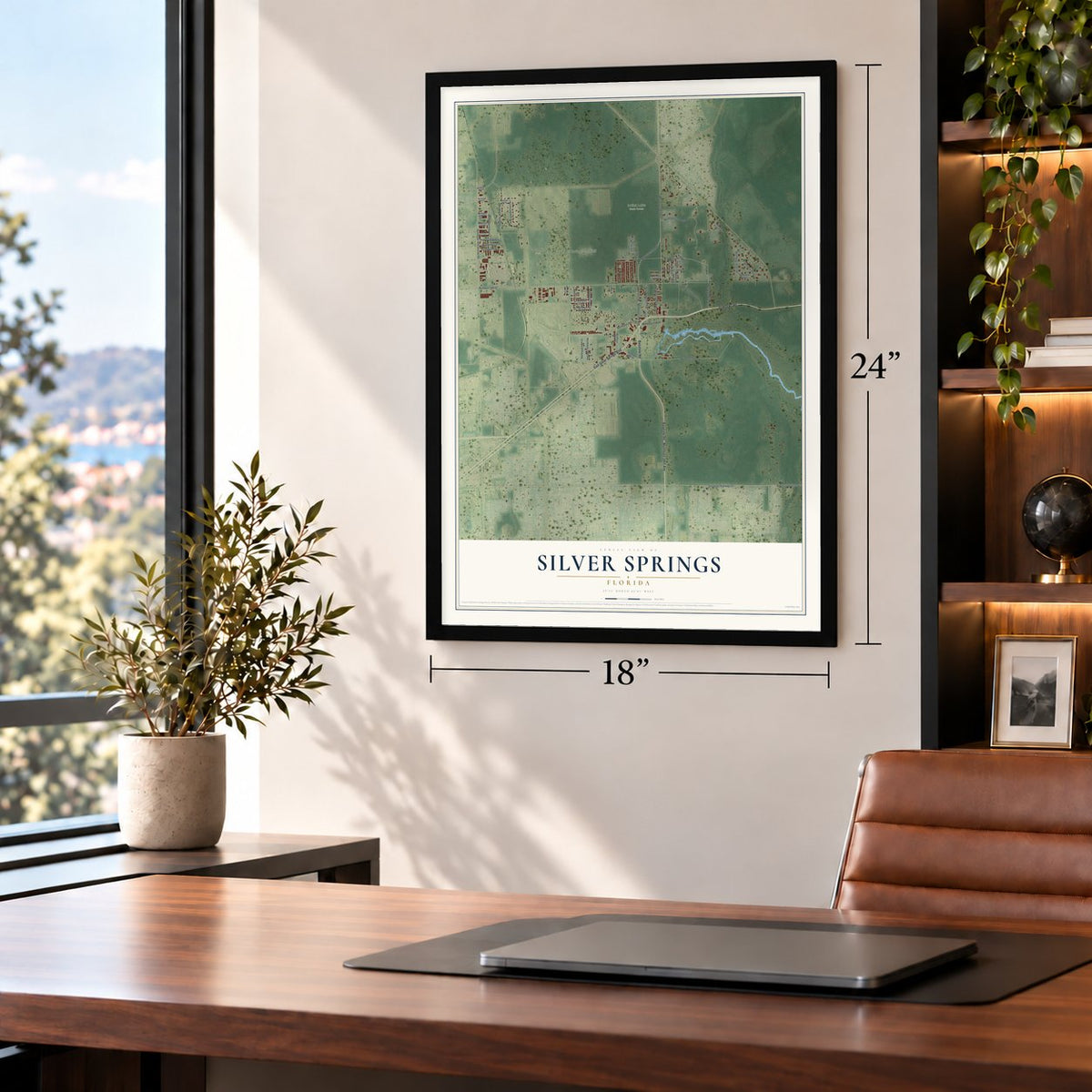Silver Springs, Florida map, 18 x 24 inch print in a black frame in a home office
