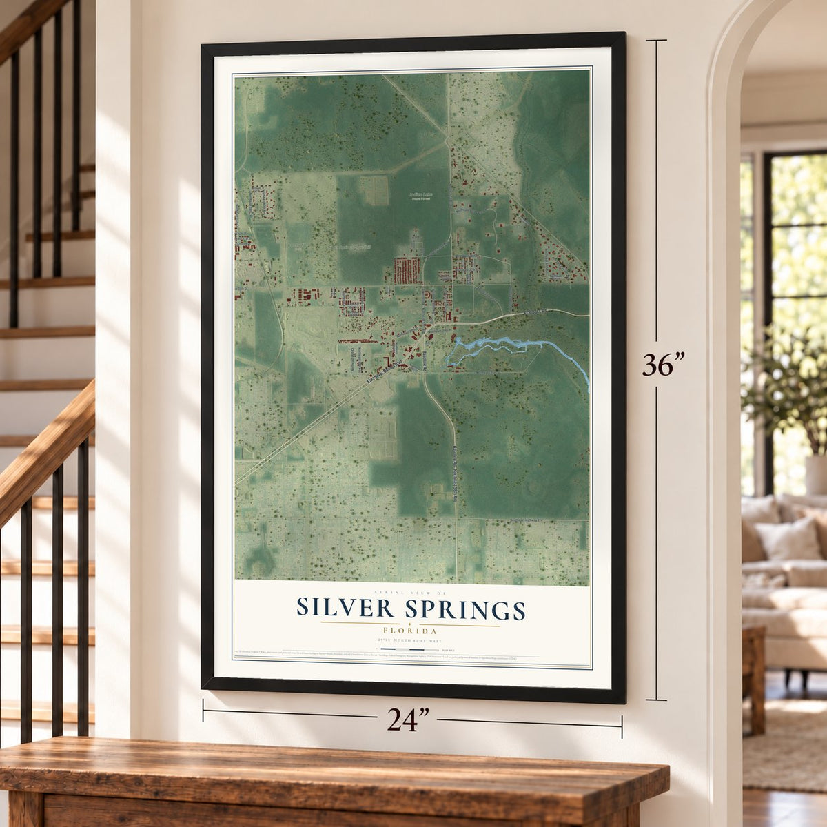 Silver Springs, Florida map, 24 x 36 inch print in a black frame by a staircase