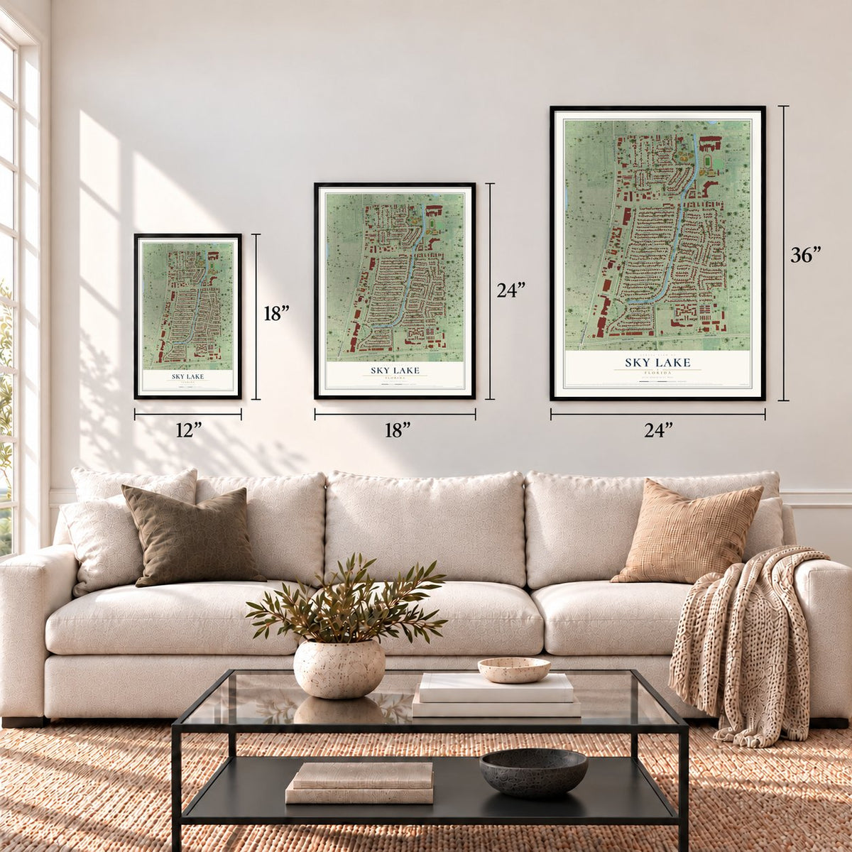 Sky Lake, Florida map in 12 x 18, 18 x 24 and 24 x 36 inch sizes above a sofa