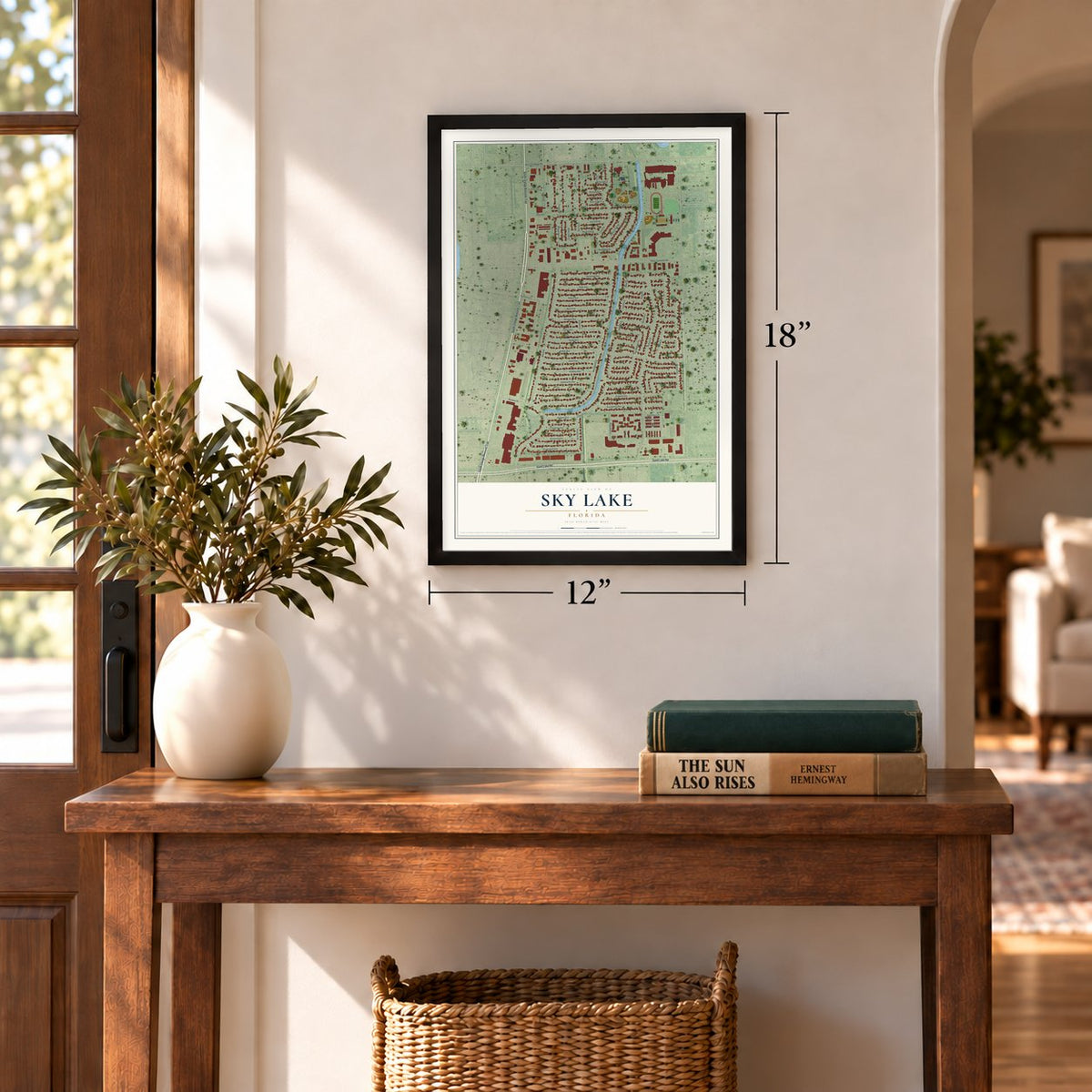 Sky Lake, Florida map, 12 x 18 inch print in a black frame in an entryway