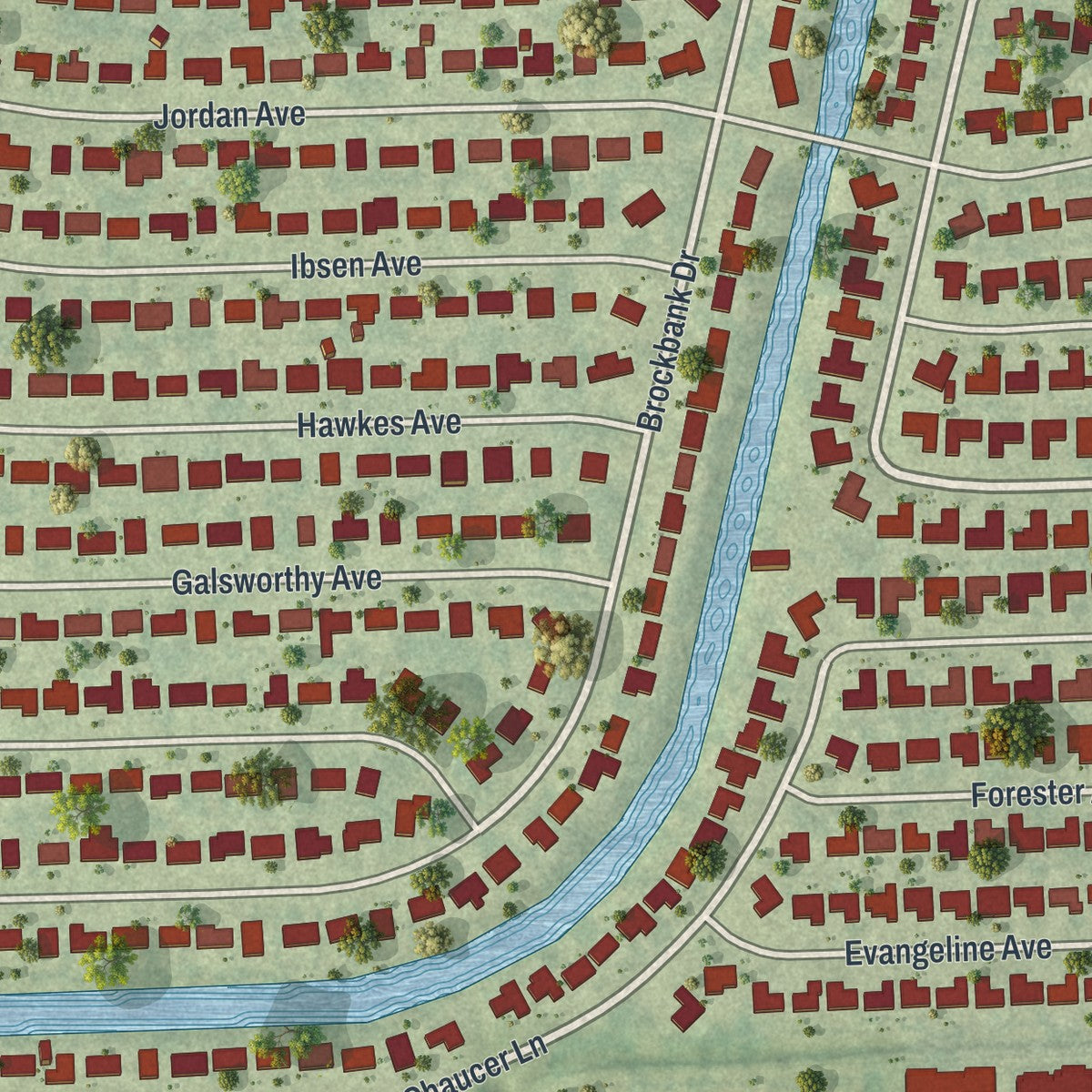 Close-up of the map of Sky Lake, Florida print showing street and building detail