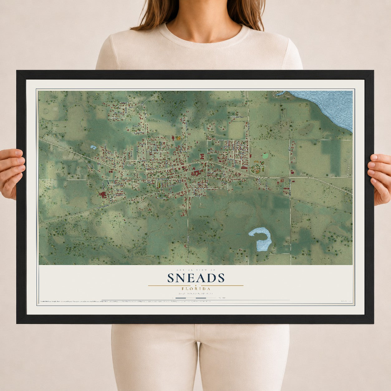 Sneads, Florida map print, 18" x 24" W/ Black Ayous Wood Frame mockup