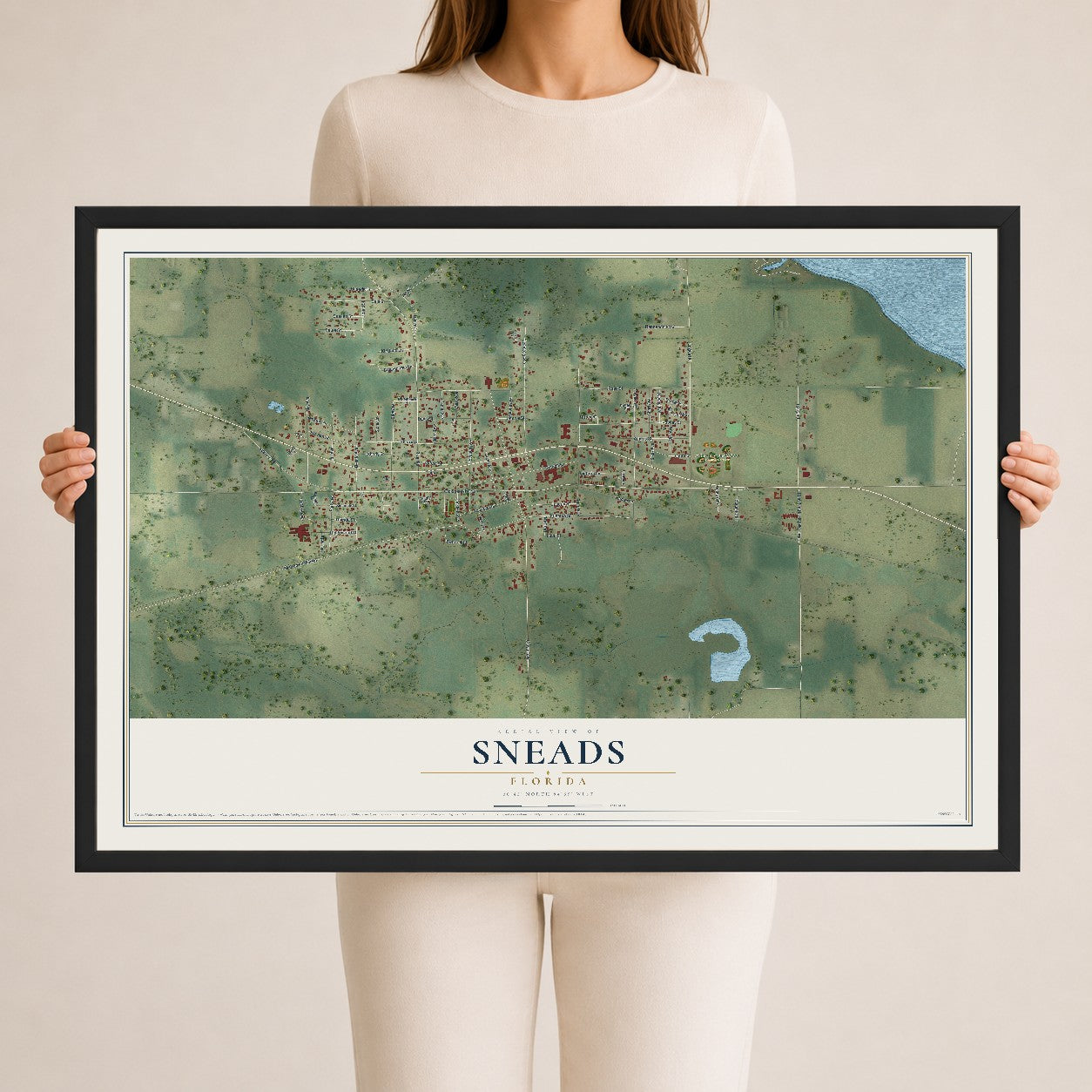 Sneads, Florida map print, 24" x 36" W/ Black Ayous Wood Frame mockup