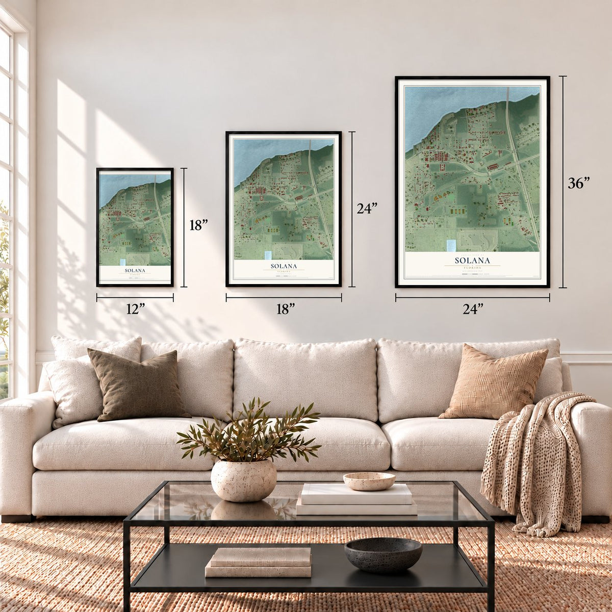 Solana, Florida map in 12 x 18, 18 x 24 and 24 x 36 inch sizes above a sofa