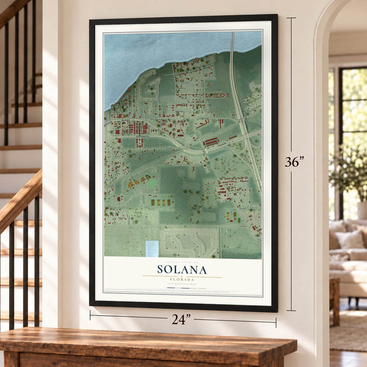 Solana, Florida map, 24 x 36 inch print in a black frame by a staircase