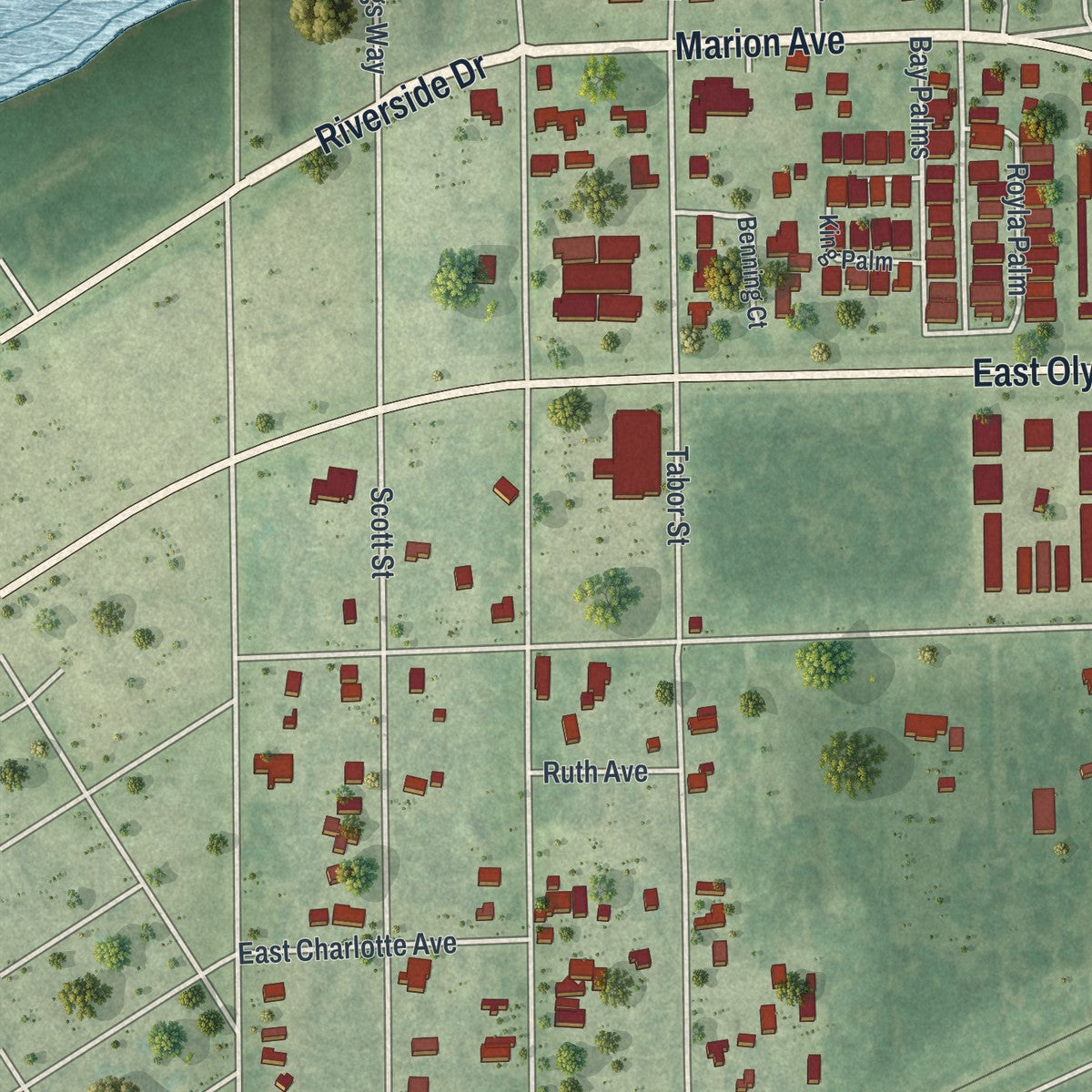 Close-up of the map of Solana, Florida print showing street and building detail