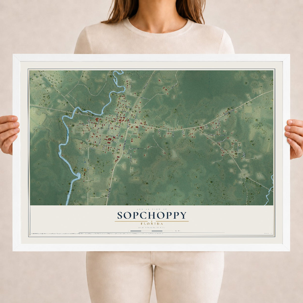 Sopchoppy, Florida map print, 18" x 24" W/ White Ayous Wood Frame mockup