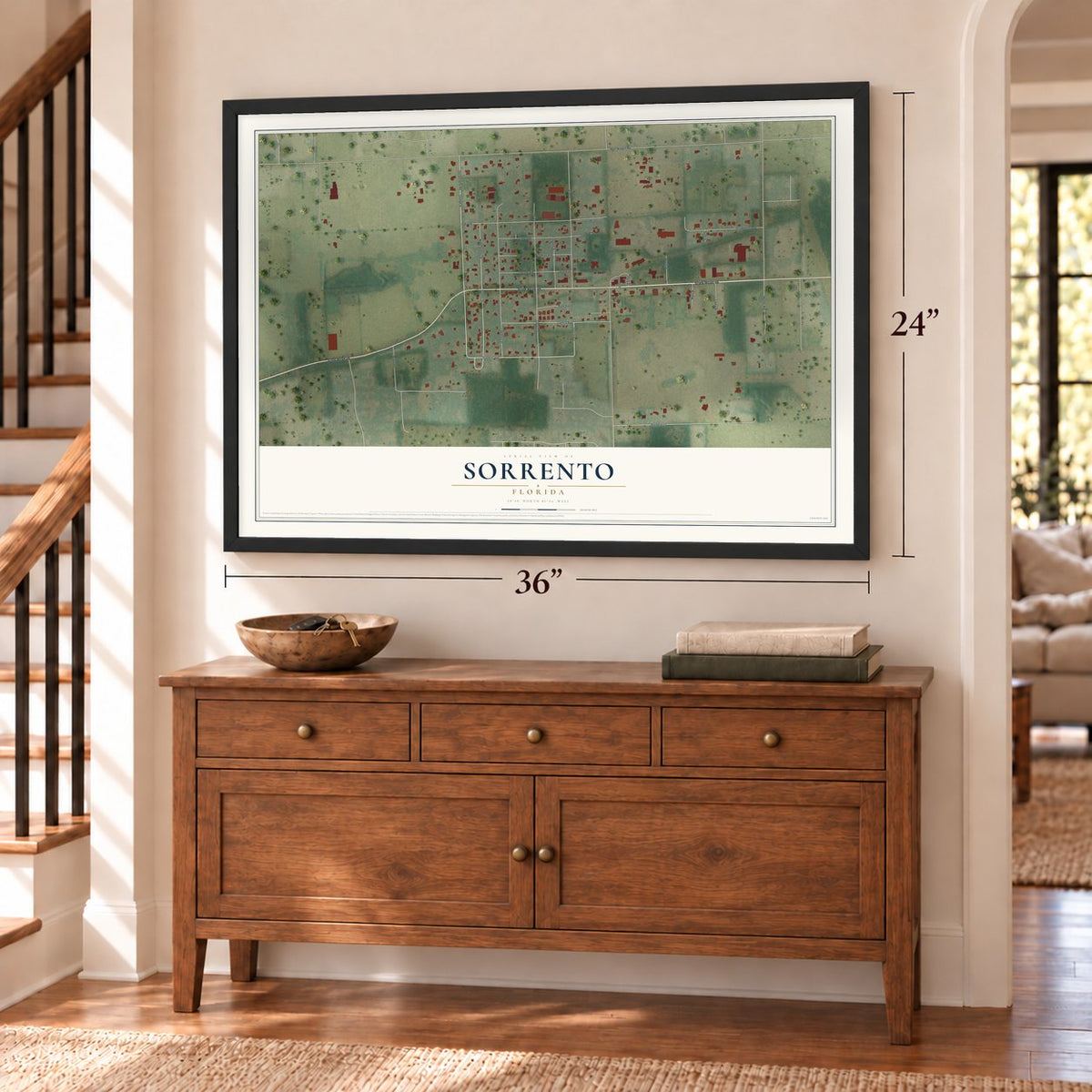 Sorrento, Florida map, 24 x 36 inch print in a black frame above a dresser by a staircase