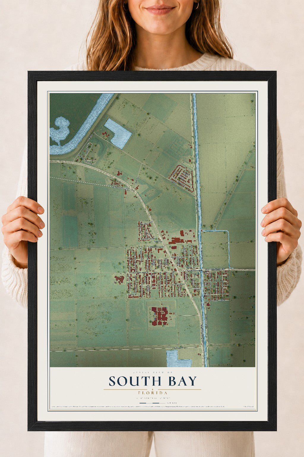 South Bay, Florida map print, 18" x 24" W/ Black Ayous Wood Frame mockup