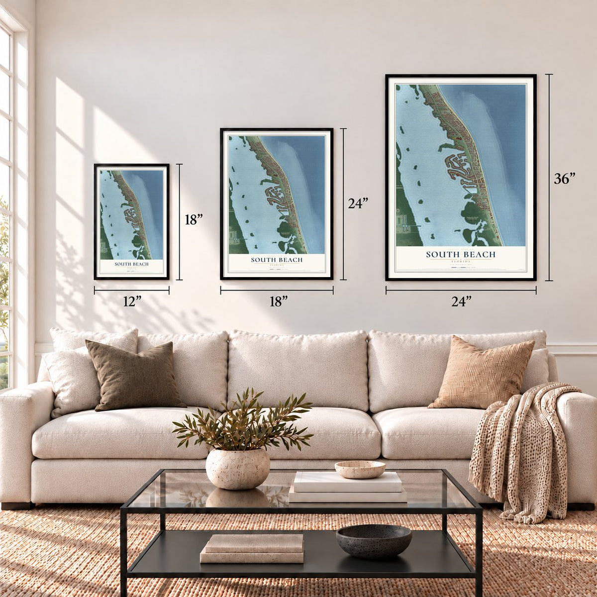 South Beach, Florida map in 12 x 18, 18 x 24 and 24 x 36 inch sizes above a sofa