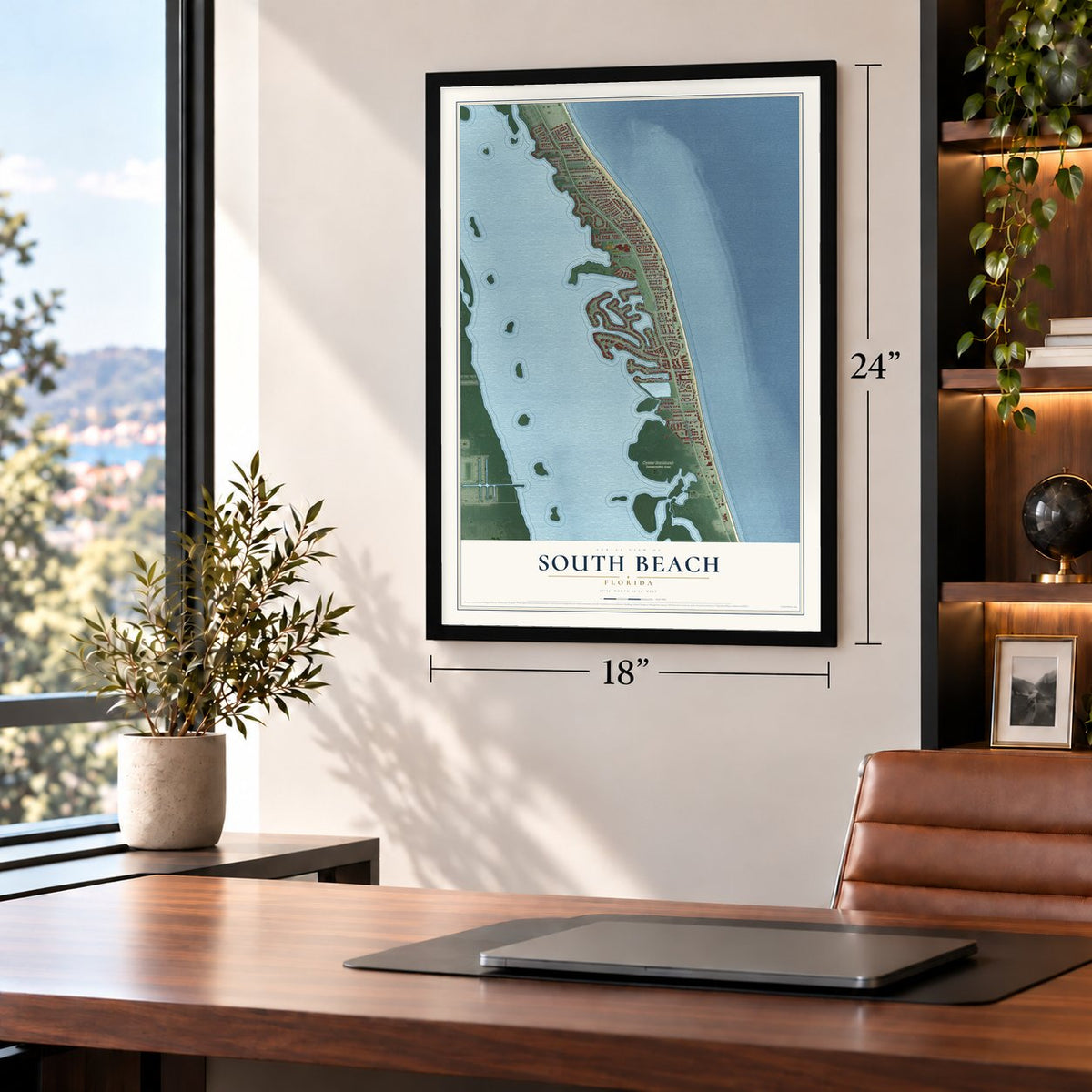 South Beach, Florida map, 18 x 24 inch print in a black frame in a home office