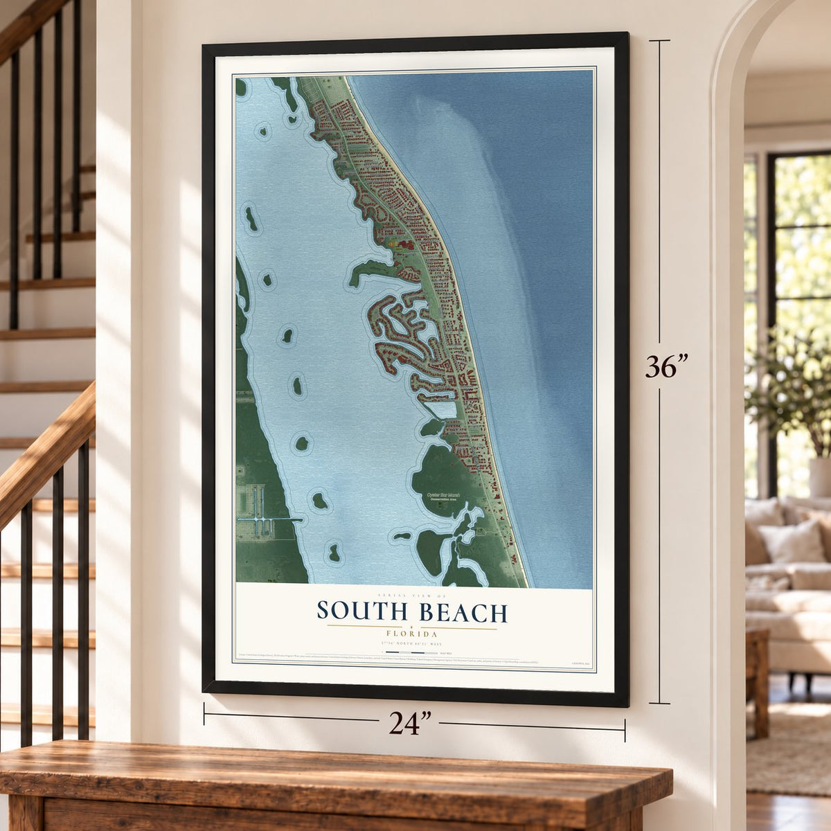 South Beach, Florida map, 24 x 36 inch print in a black frame by a staircase