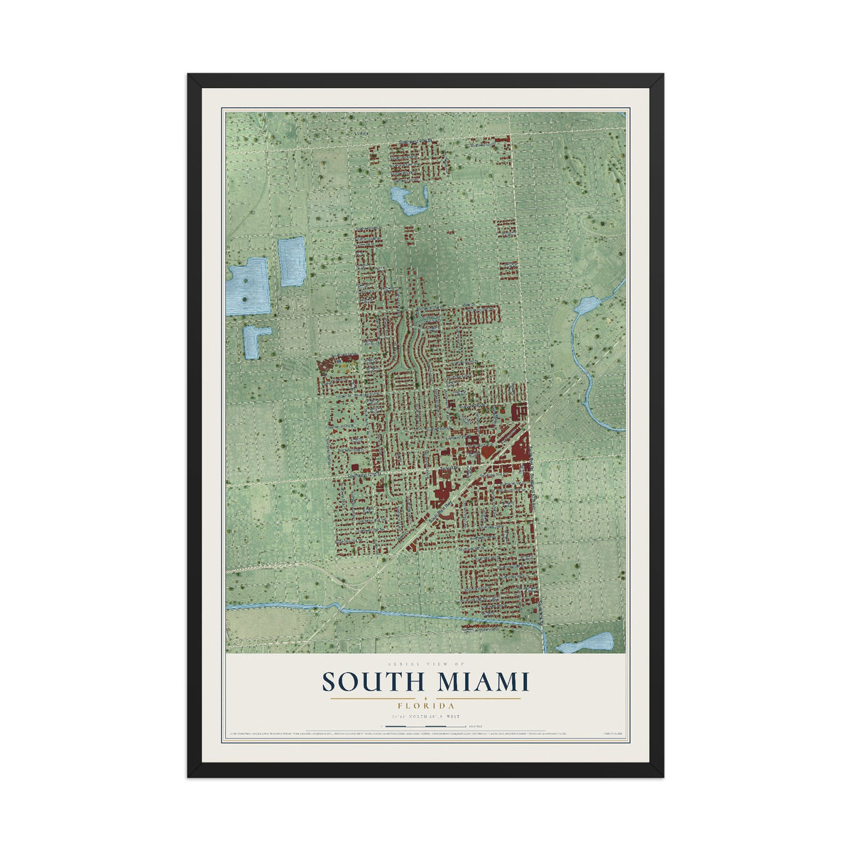 South Miami, Florida map print, 12" x 18" W/ Black Ayous Wood Frame mockup