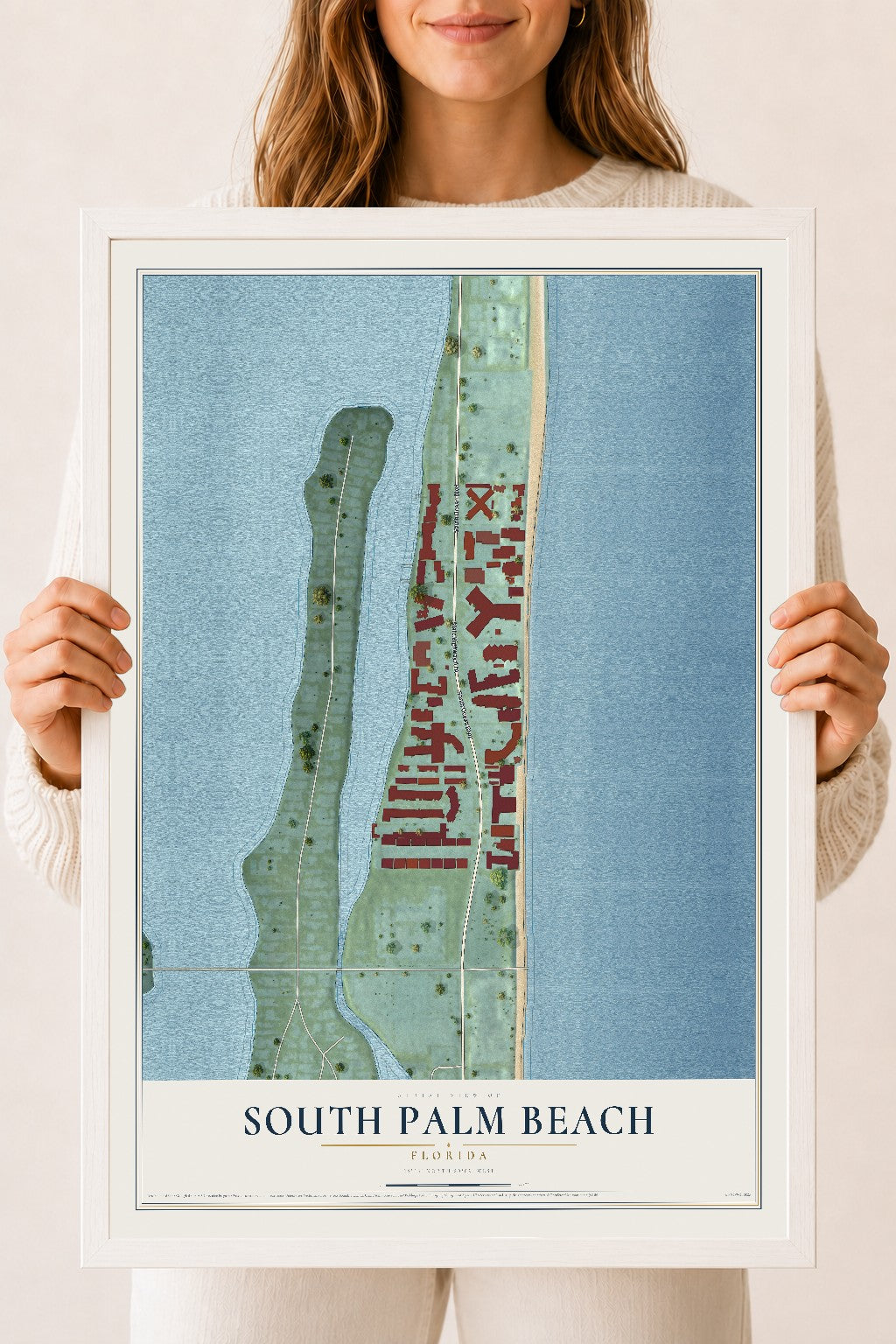 South Palm Beach, Florida map print, 18" x 24" W/ White Ayous Wood Frame mockup