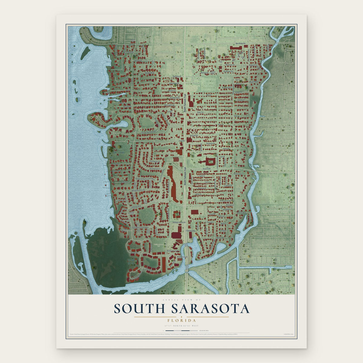 South Sarasota, Florida map print, the full design