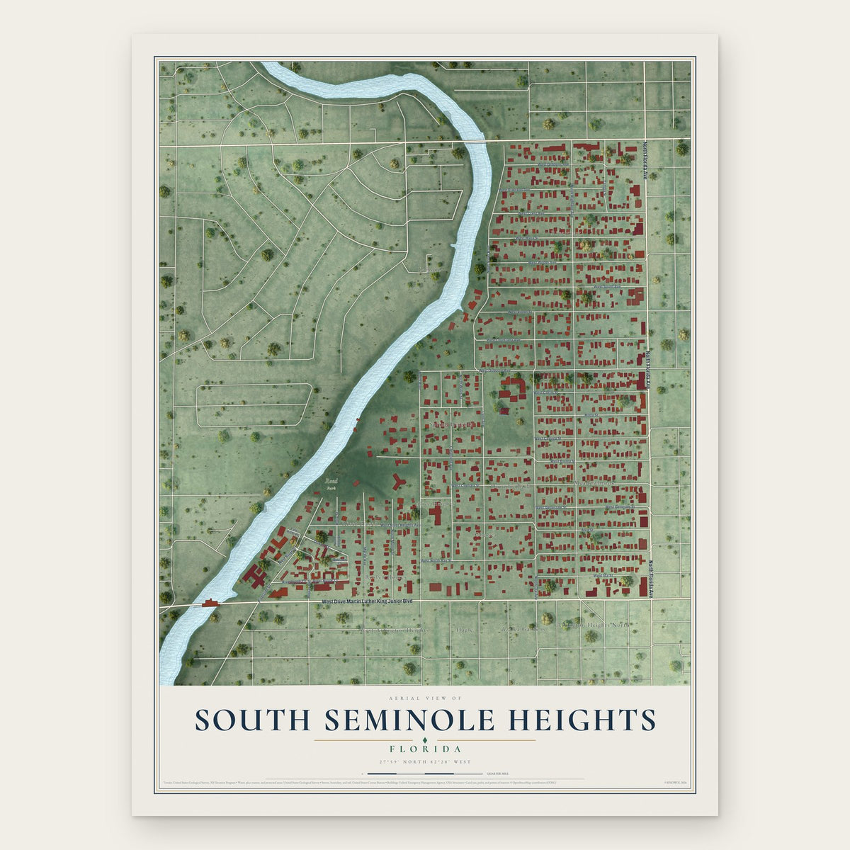 South Seminole Heights, Florida map print, the full design