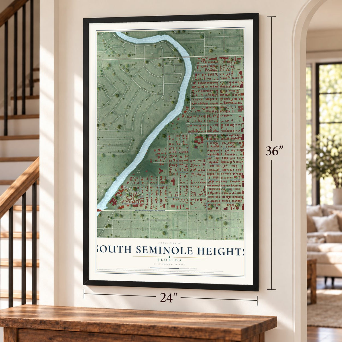 South Seminole Heights, Florida map, 24 x 36 inch print in a black frame by a staircase