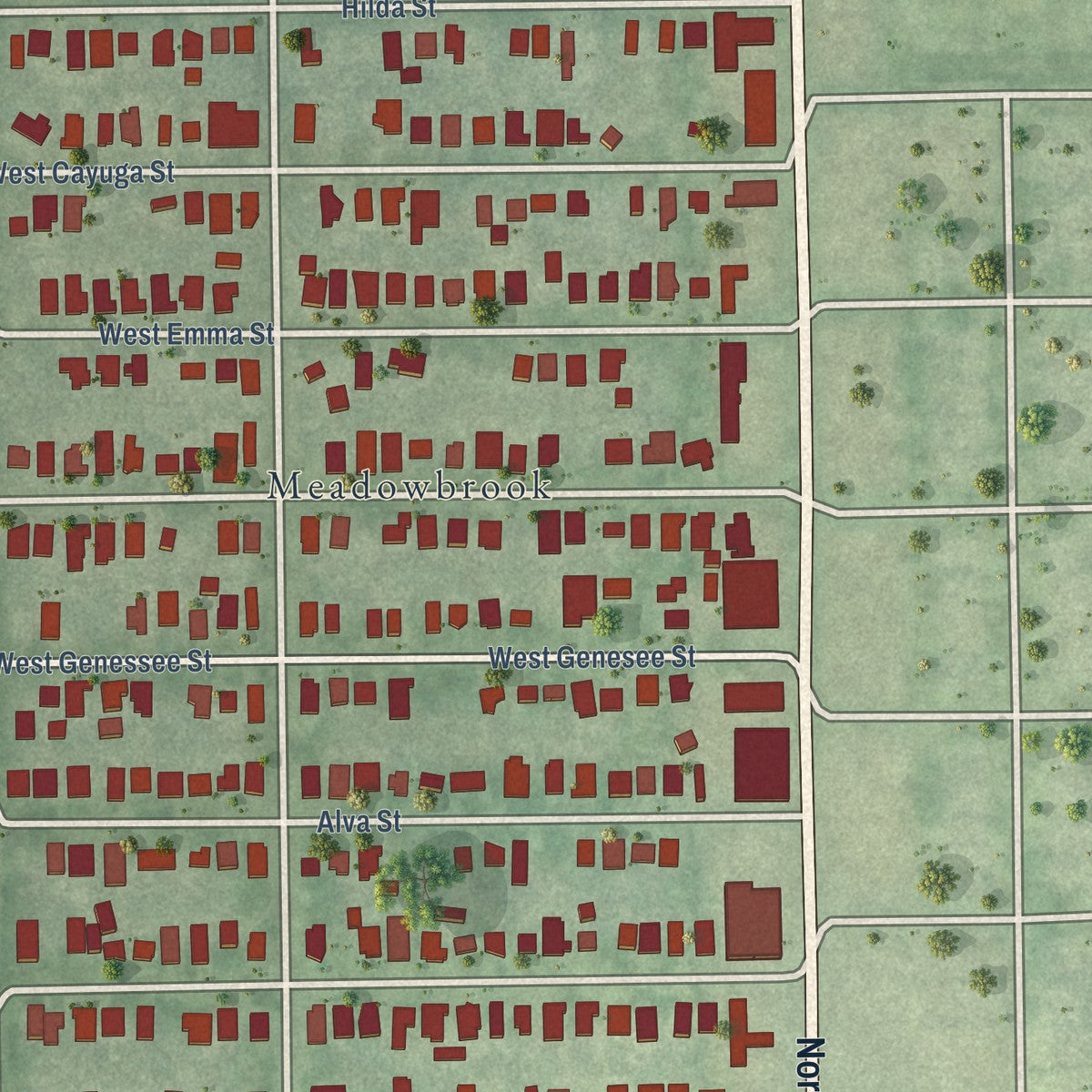 Close-up of the map of South Seminole Heights, Florida print showing street and building detail