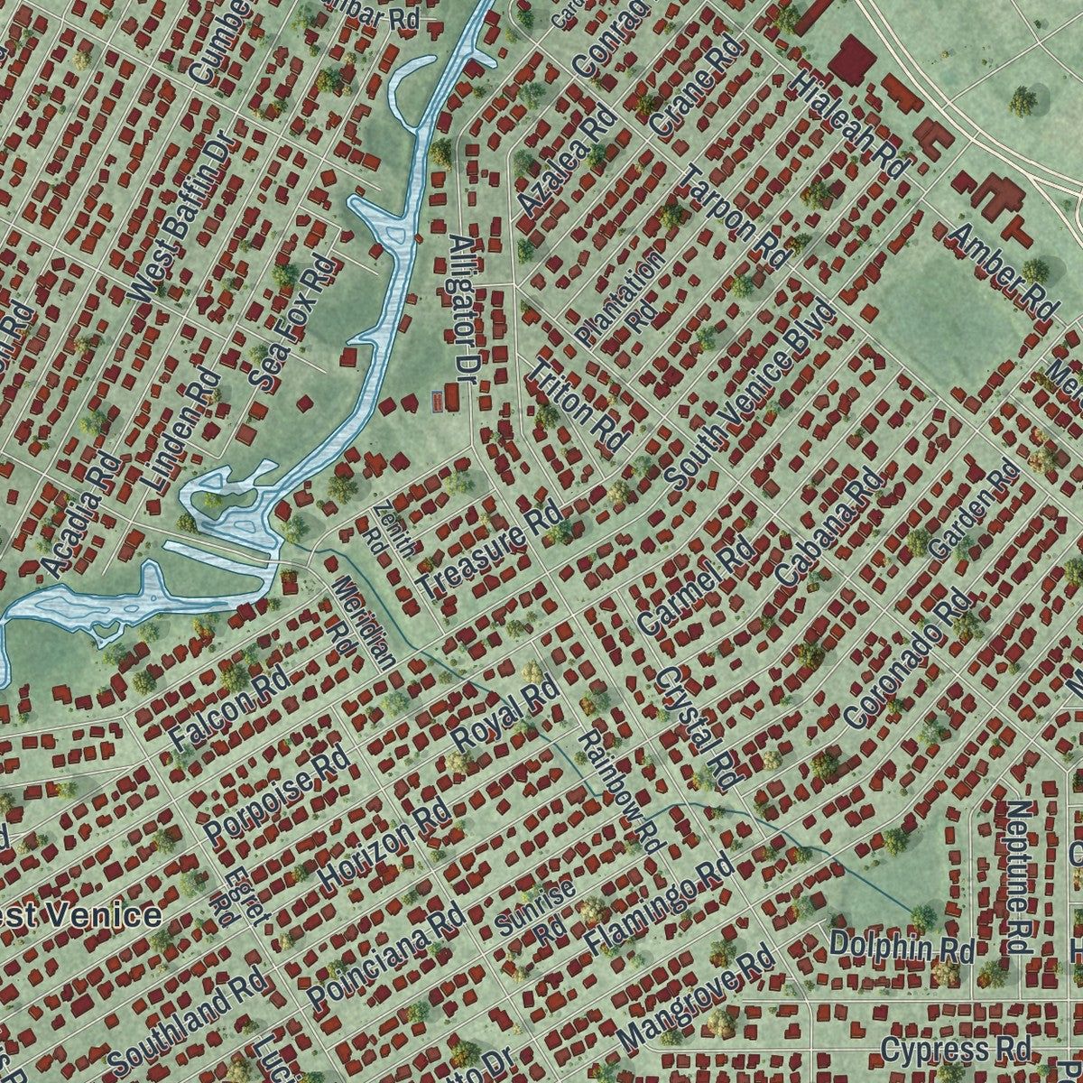 Close-up of the map of South Venice, Florida print showing street and building detail