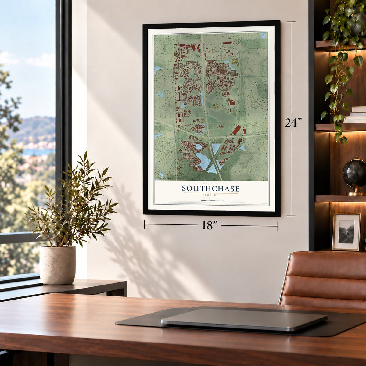Southchase, Florida map, 18 x 24 inch print in a black frame in a home office