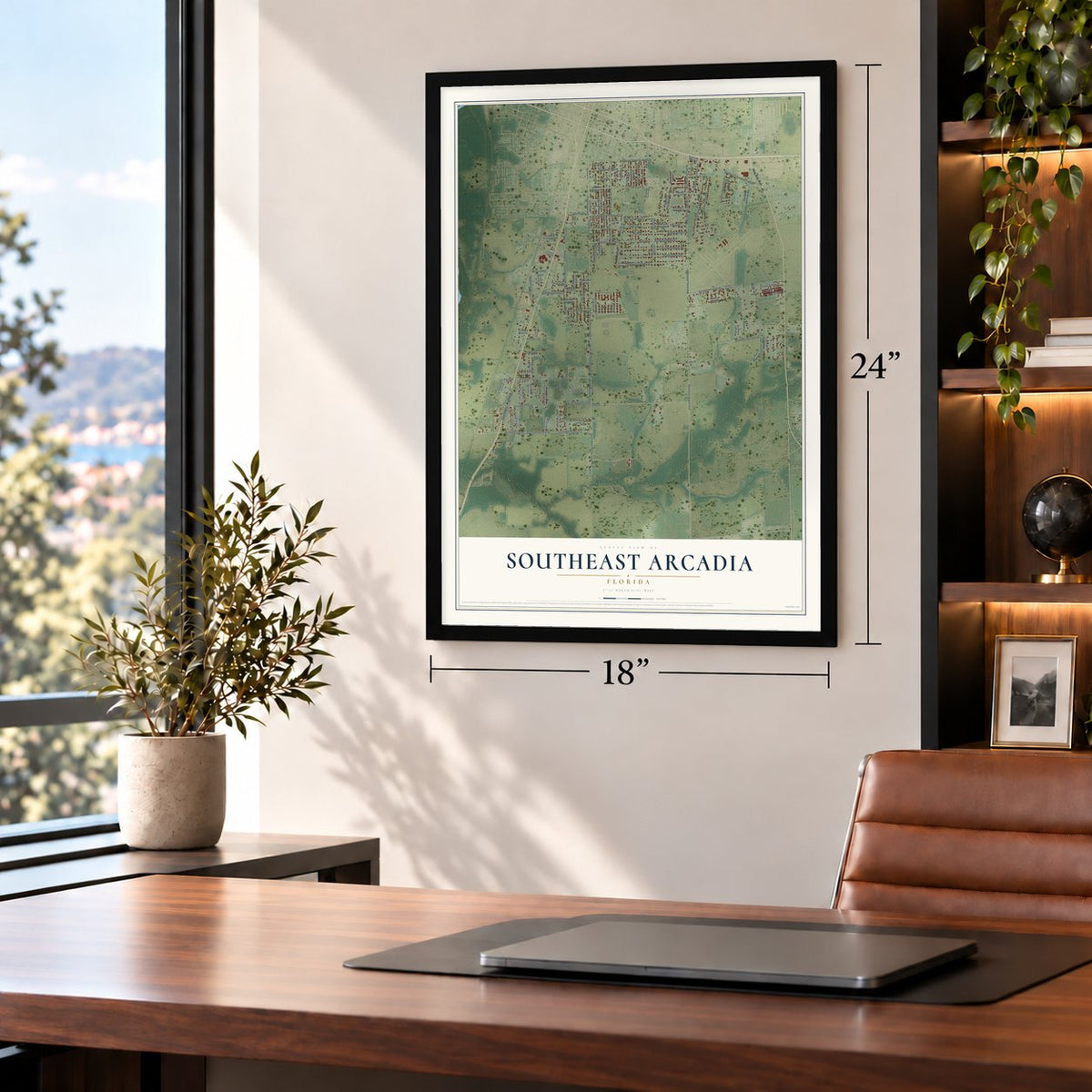 Southeast Arcadia, Florida map, 18 x 24 inch print in a black frame in a home office
