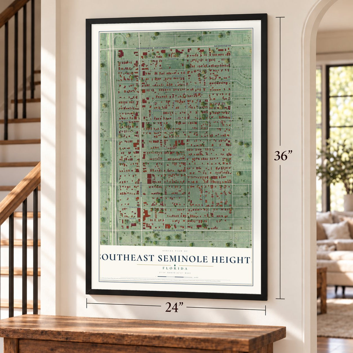 Southeast Seminole Heights, Florida map, 24 x 36 inch print in a black frame by a staircase