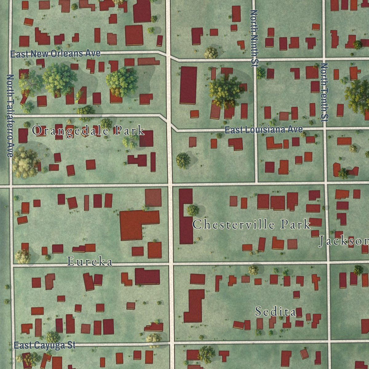Close-up of the map of Southeast Seminole Heights, Florida print showing street and building detail
