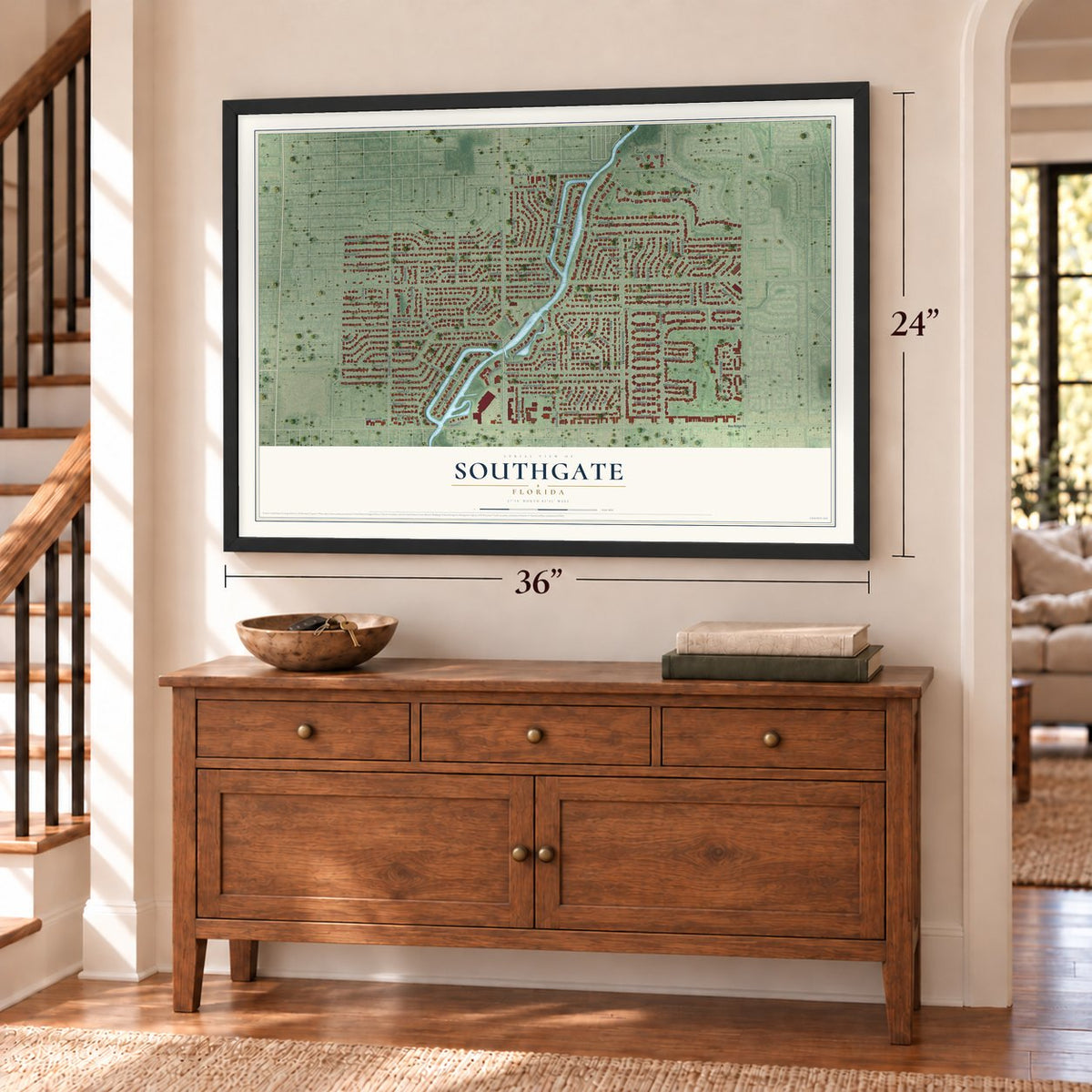 Southgate, Florida map, 24 x 36 inch print in a black frame above a dresser by a staircase
