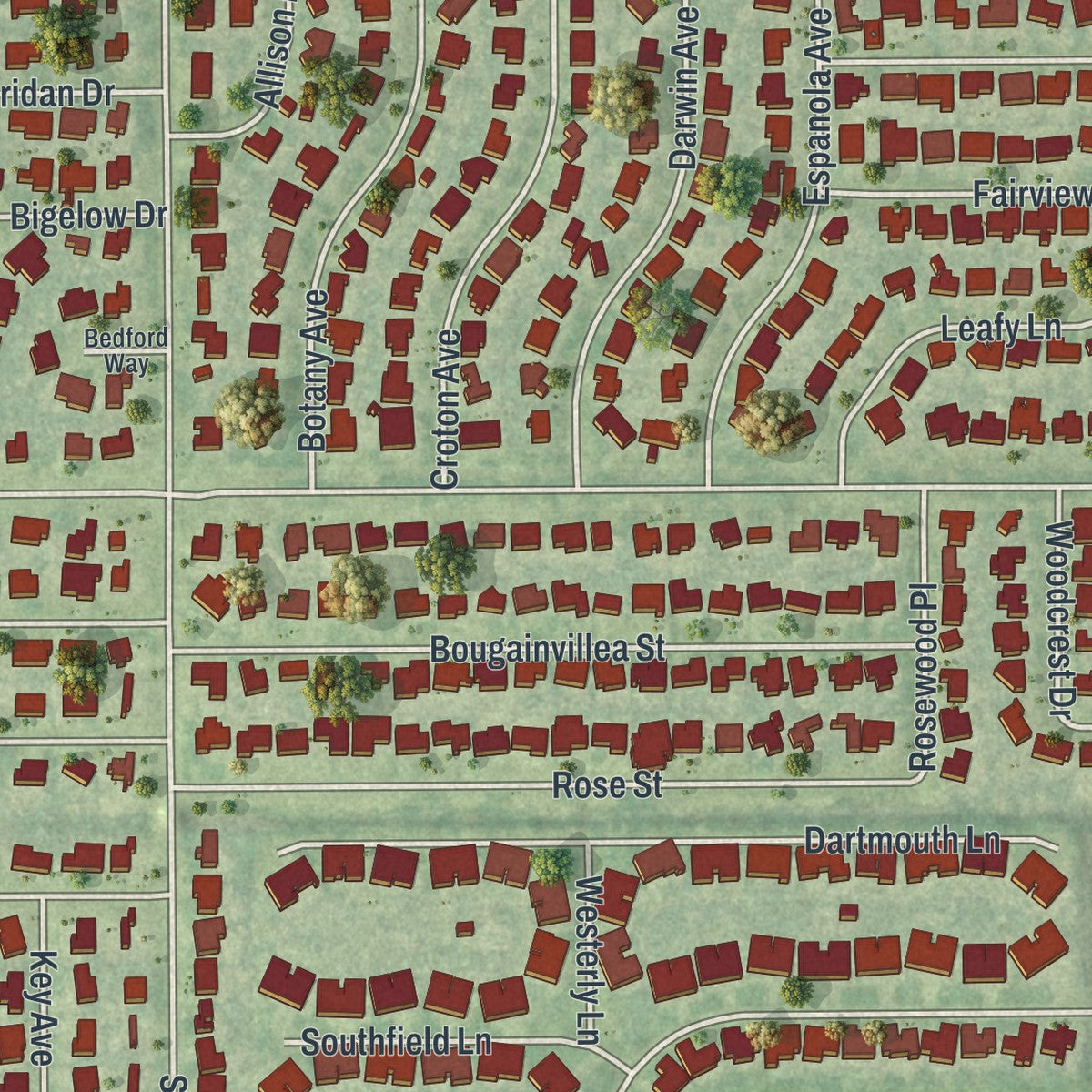 Close-up of the map of Southgate, Florida print showing street and building detail