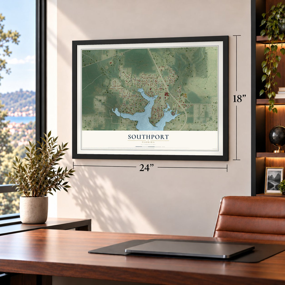 Southport, Florida map, 18 x 24 inch print in a black frame in a home office