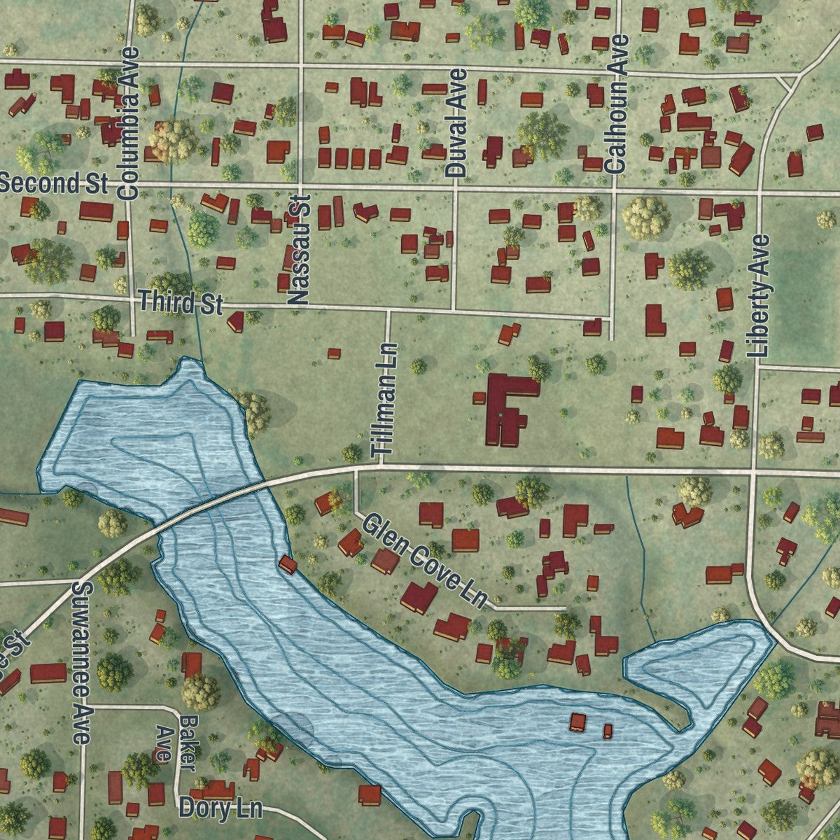 Close-up of the map of Southport, Florida print showing street and building detail