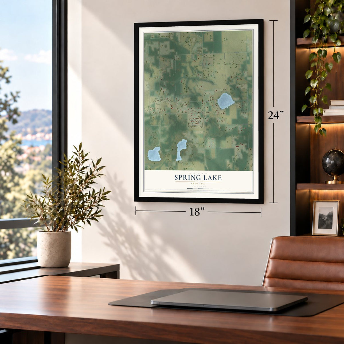 Spring Lake, Florida map, 18 x 24 inch print in a black frame in a home office