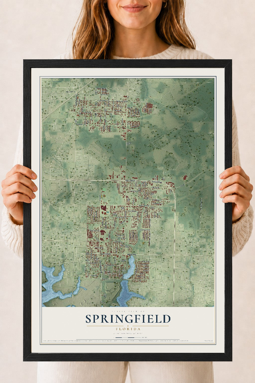 Springfield, Florida map print, 18" x 24" W/ Black Ayous Wood Frame mockup