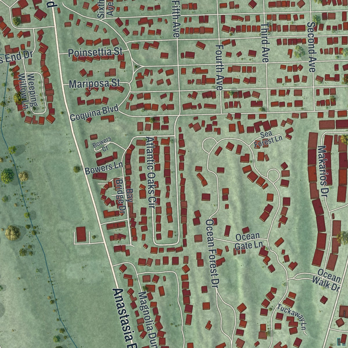 Close-up 2 of the St. Augustine Beach, Florida map artwork