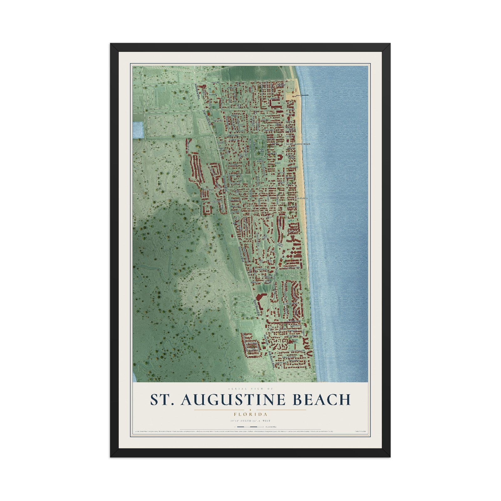 St. Augustine Beach, Florida map print, 12" x 18" W/ Black Ayous Wood Frame mockup