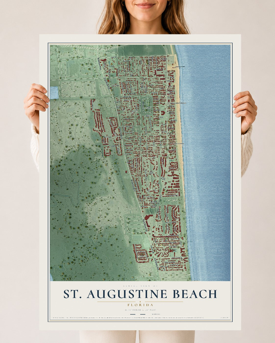St. Augustine Beach, Florida map print, 24" x 36" Archival Matte Print mockup