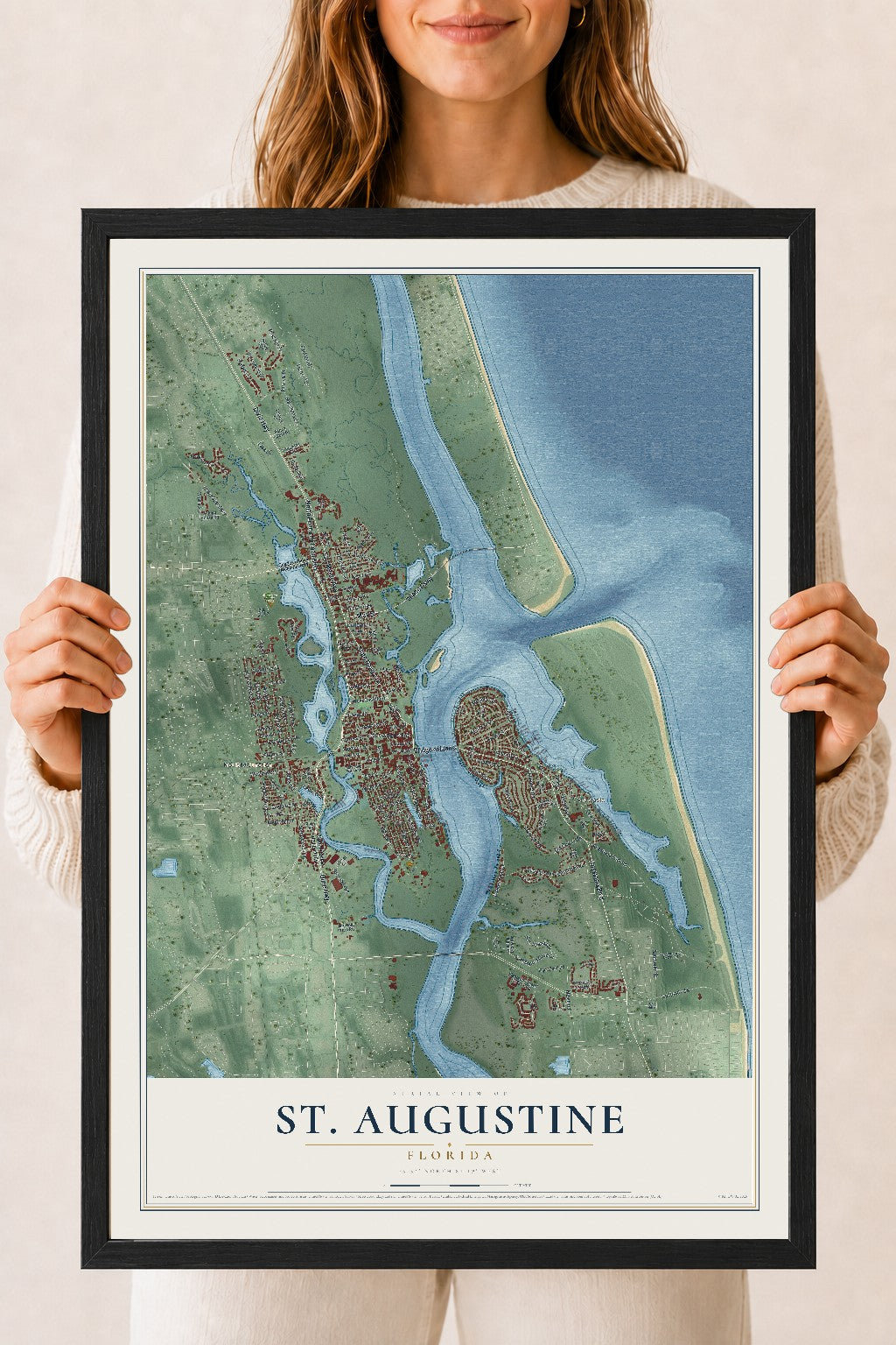 St. Augustine, Florida map print, 18" x 24" W/ Black Ayous Wood Frame mockup