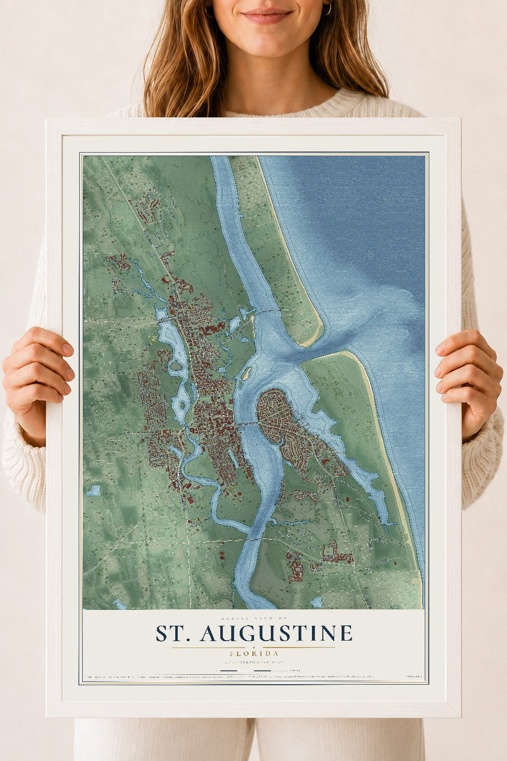 St. Augustine, Florida map print, 18" x 24" W/ White Ayous Wood Frame mockup