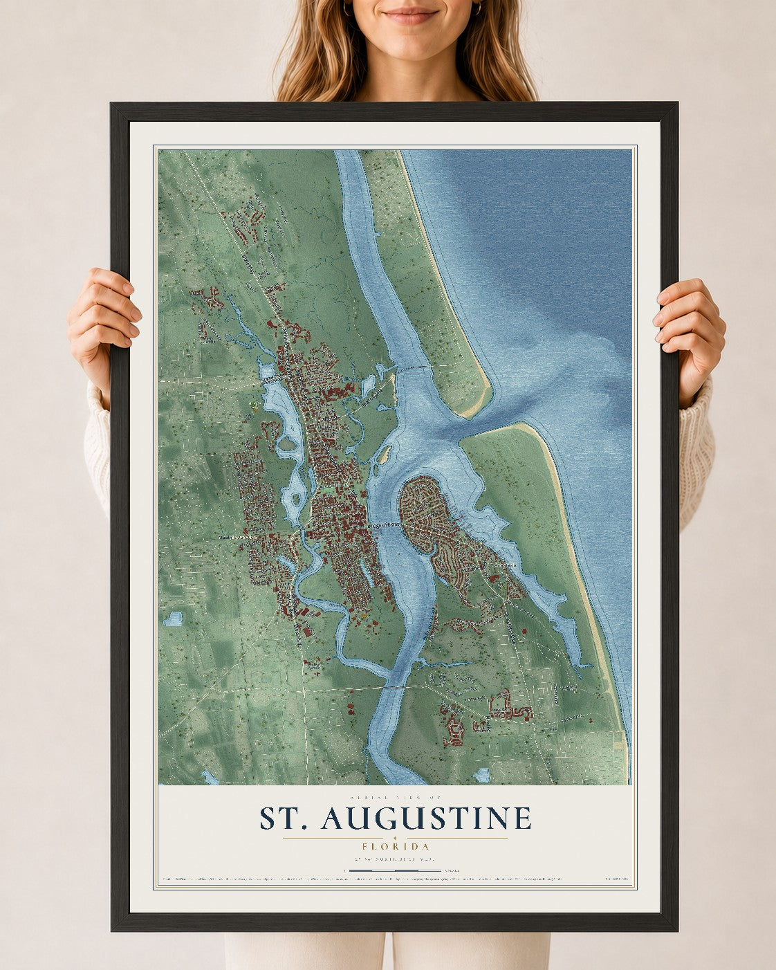 St. Augustine, Florida map print, 24" x 36" W/ Black Ayous Wood Frame mockup