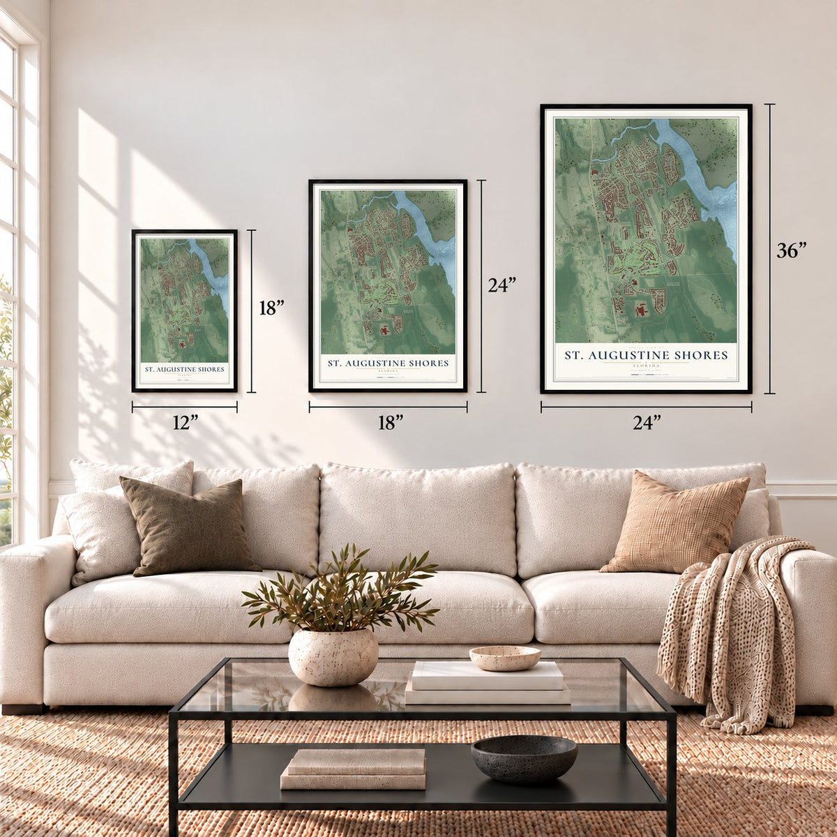 St. Augustine Shores, Florida map in 12 x 18, 18 x 24 and 24 x 36 inch sizes above a sofa