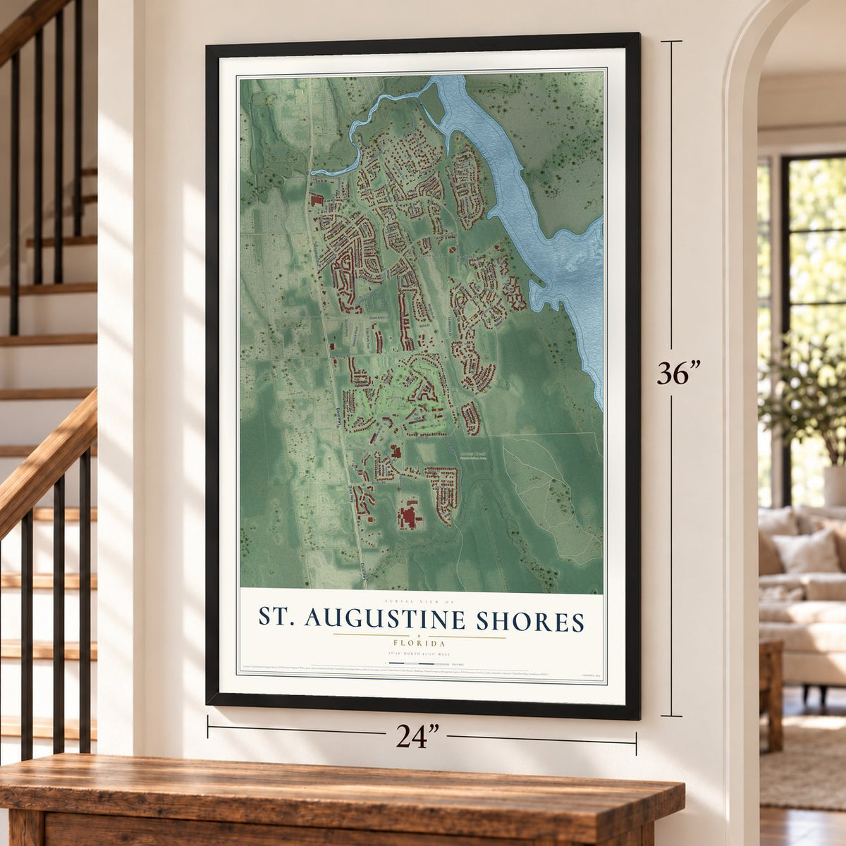 St. Augustine Shores, Florida map, 24 x 36 inch print in a black frame by a staircase