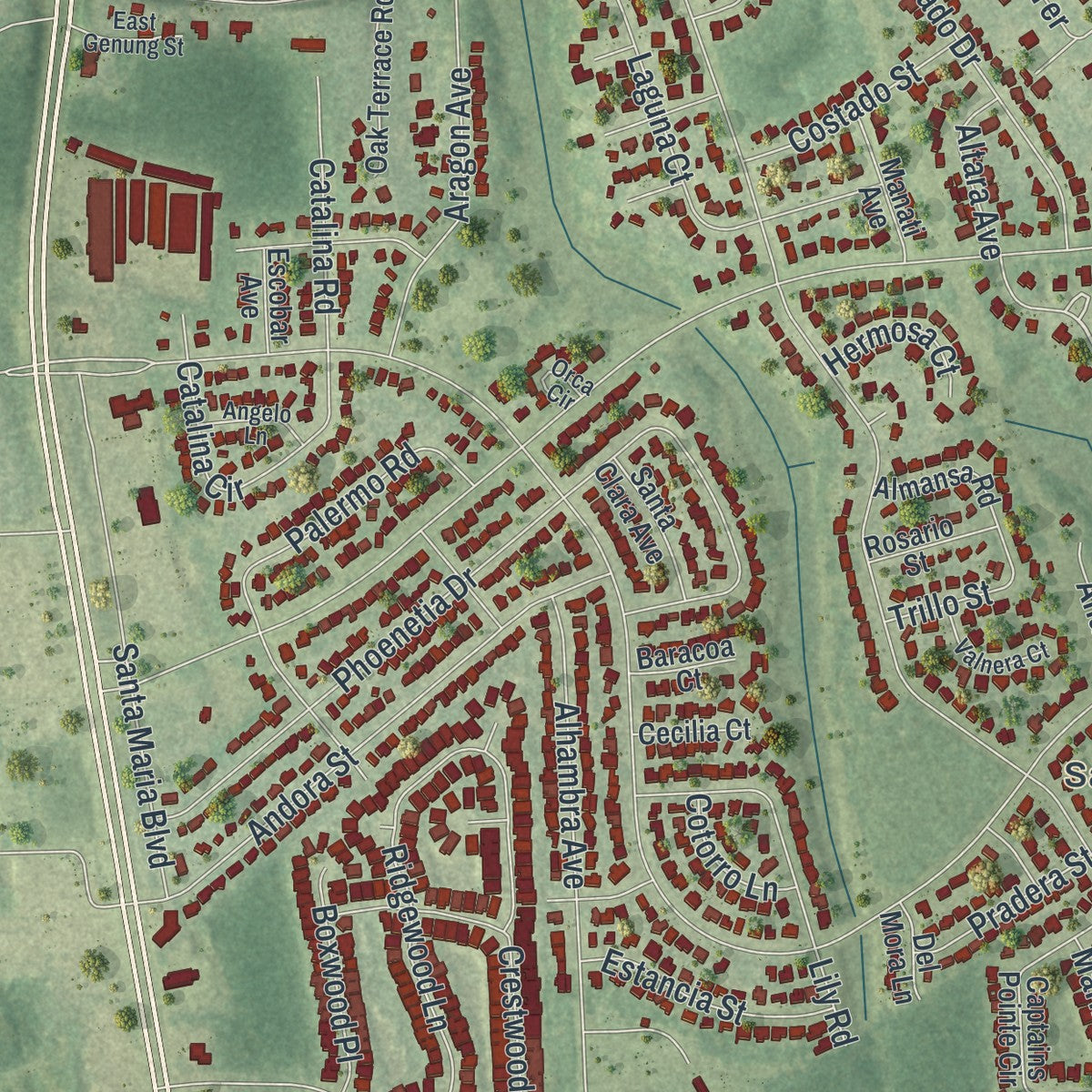 Close-up of the map of St. Augustine Shores, Florida print showing street and building detail